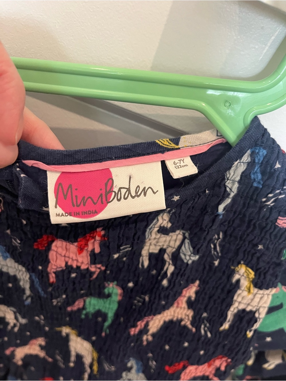 Mini Boden Navy Dress with Multicolor Unicorn Print